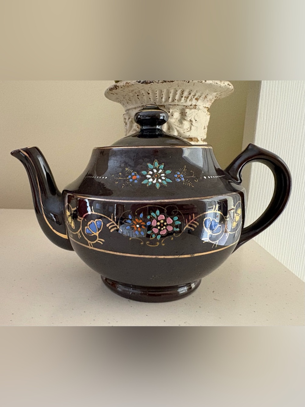 Vintage Moriage Brown Teapot - Floral Design with Gold Gilding